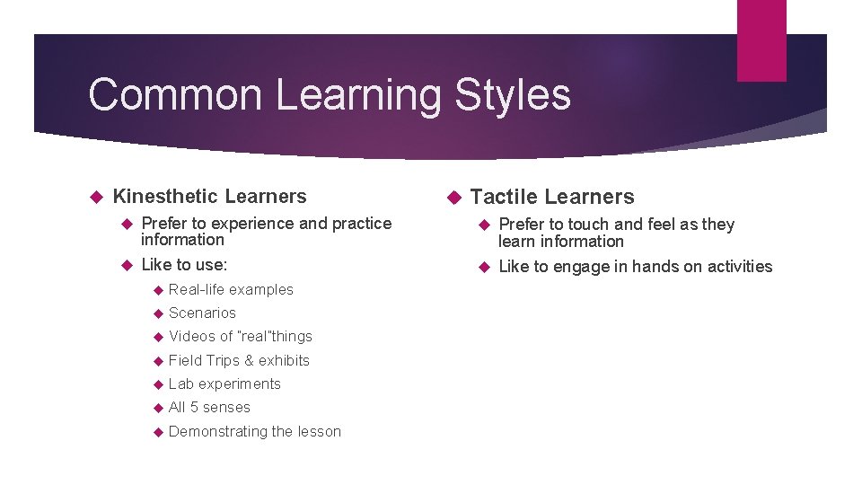 Common Learning Styles Kinesthetic Learners Prefer to experience and practice information Like to use: