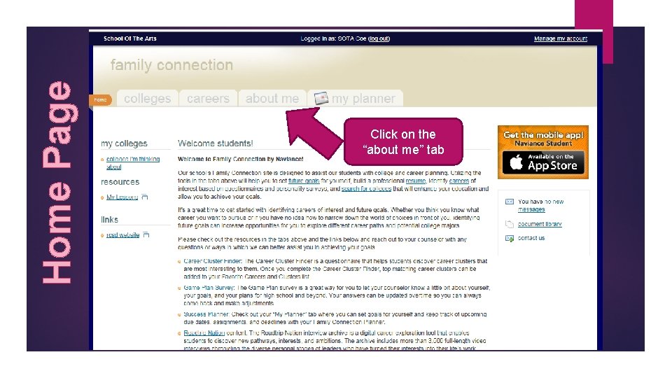 Home Page Click on the “about me” tab 