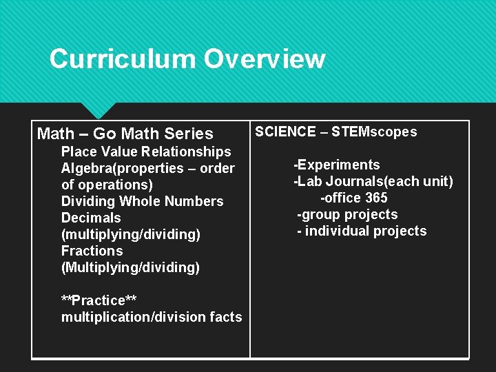 Curriculum Overview Math – Go Math Series Place Value Relationships Algebra(properties – order of