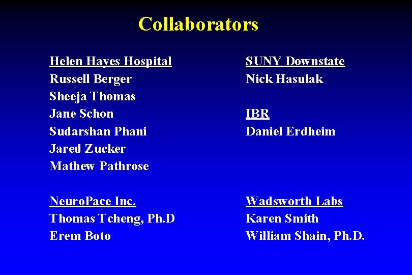 Collaborators Helen Hayes Hospital Russell Berger Sheeja Thomas Jane Schon Sudarshan Phani Jared Zucker Collaborators Helen Hayes Hospital Russell Berger Sheeja Thomas Jane Schon Sudarshan Phani Jared Zucker