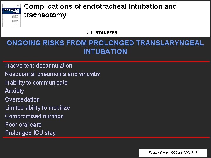 Complications of endotracheal intubation and tracheotomy J. L. STAUFFER ONGOING RISKS FROM PROLONGED TRANSLARYNGEAL