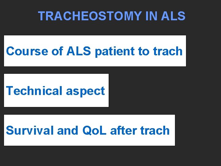 TRACHEOSTOMY IN ALS Course of ALS patient to trach Technical aspect Survival and Qo.
