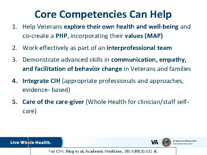 Core Competencies Can Help 1. Help Veterans explore their own health and well-being and