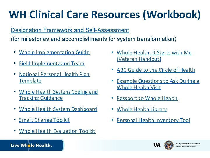 WH Clinical Care Resources (Workbook) Designation Framework and Self-Assessment (for milestones and accomplishments for