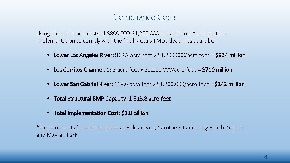 Compliance Costs Using the real-world costs of $800, 000 -$1, 200, 000 per acre-foot*,