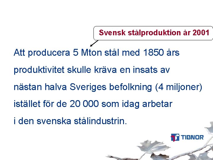 Svensk stålproduktion år 2001 Att producera 5 Mton stål med 1850 års produktivitet skulle