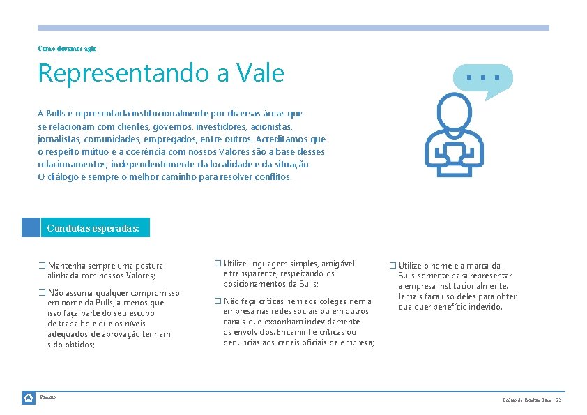 Como devemos agir Representando a Vale A Bulls é representada institucionalmente por diversas áreas