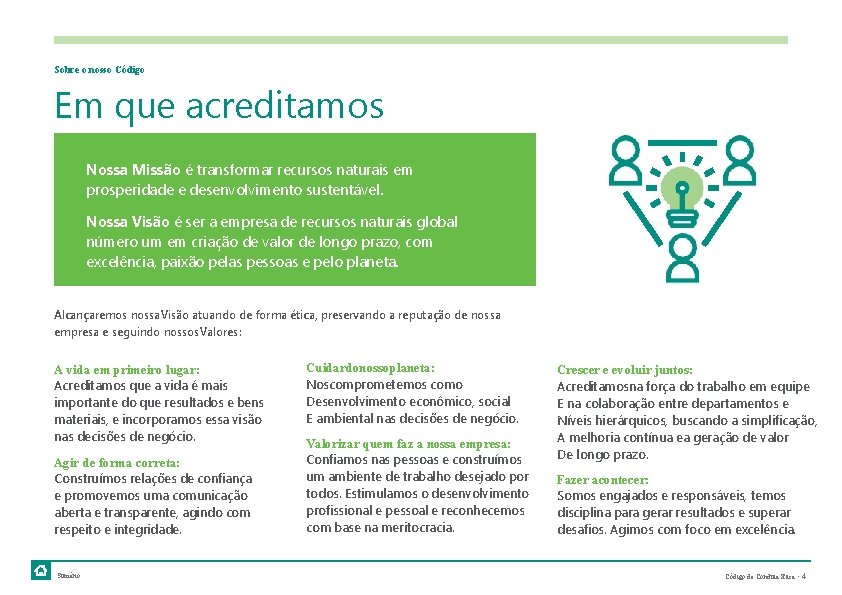 Sobre o nosso Código Em que acreditamos Nossa Missão é transformar recursos naturais em