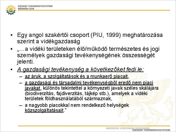  • Egy angol szakértői csoport (PIU, 1999) meghatározása szerint a vidékgazdaság • „…a