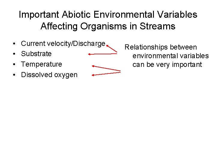 Important Abiotic Environmental Variables Affecting Organisms in Streams • • Current velocity/Discharge Substrate Temperature
