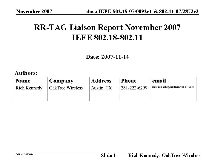 November 2007 doc. : IEEE 802. 18 -07/0092 r 1 & 802. 11 -07/2872