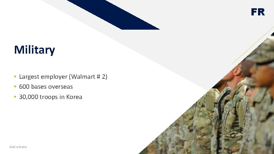 FR Military • Largest employer (Walmart # 2) • 600 bases overseas • 30,