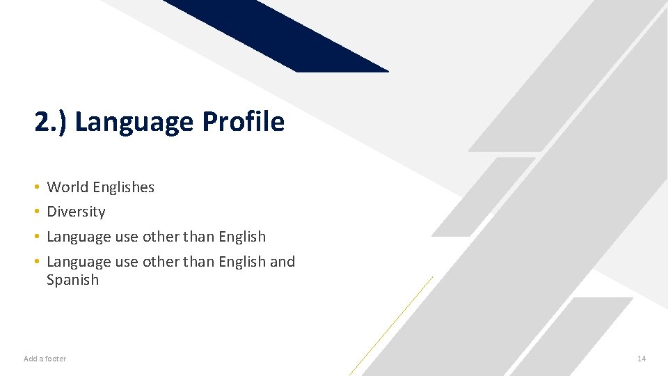 2. ) Language Profile • • World Englishes Diversity Language use other than English