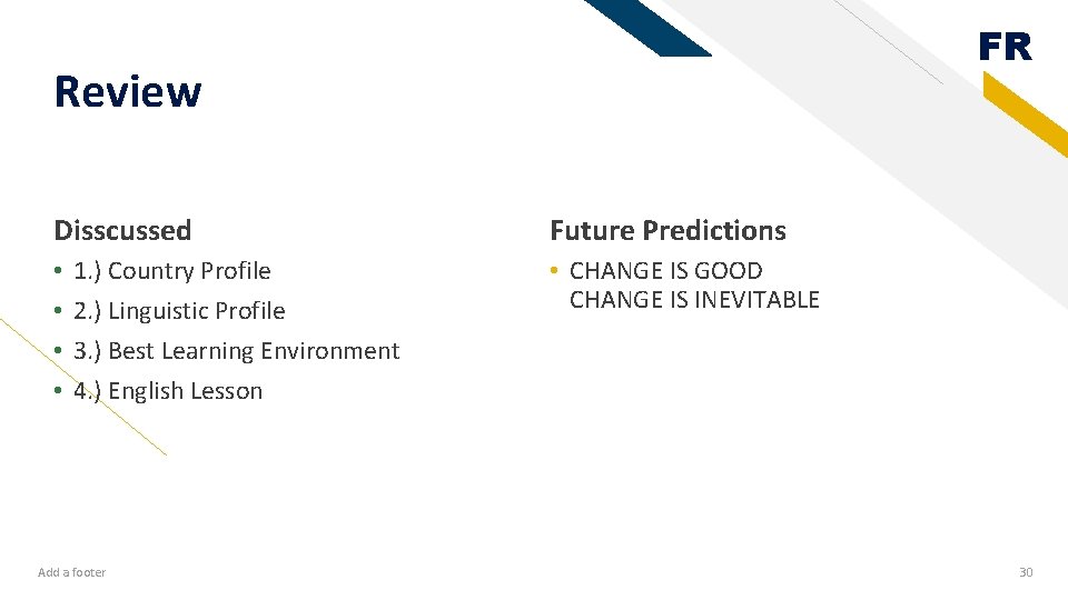 FR Review Disscussed • • 1. ) Country Profile 2. ) Linguistic Profile 3.