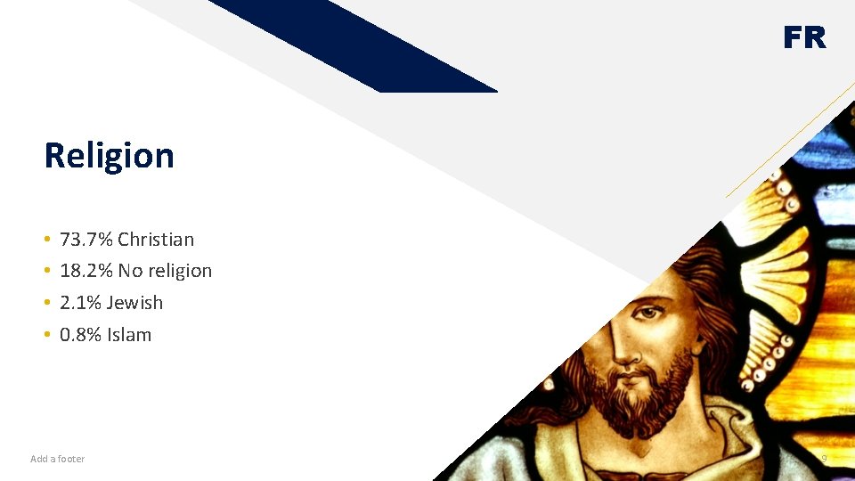 FR Religion • • 73. 7% Christian 18. 2% No religion 2. 1% Jewish