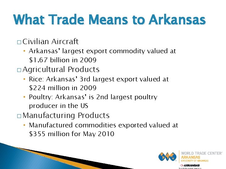 What Trade Means to Arkansas � Civilian Aircraft • Arkansas’ largest export commodity valued