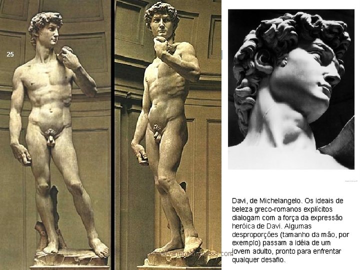 25 Davi, de Michelangelo. Os ideais de beleza greco-romanos explícitos dialogam com a força