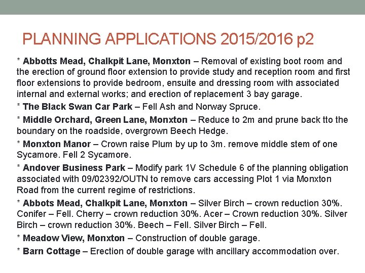 PLANNING APPLICATIONS 2015/2016 p 2 * Abbotts Mead, Chalkpit Lane, Monxton – Removal of