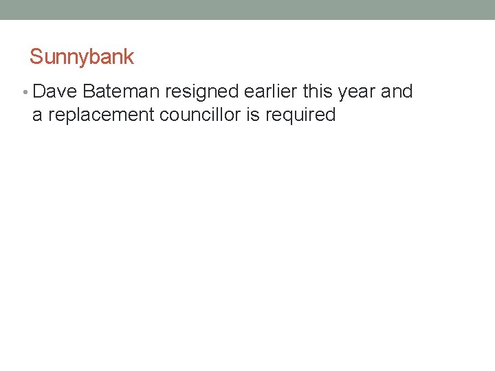 Sunnybank • Dave Bateman resigned earlier this year and a replacement councillor is required