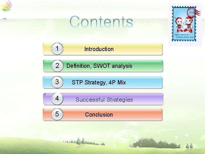 1 Introduction 2 Definition, SWOT analysis 3 STP Strategy, 4 P Mix 4 1