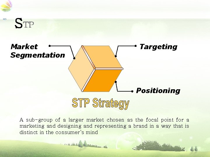 STP Market Segmentation Targeting Positioning A sub-group of a larger market chosen as the