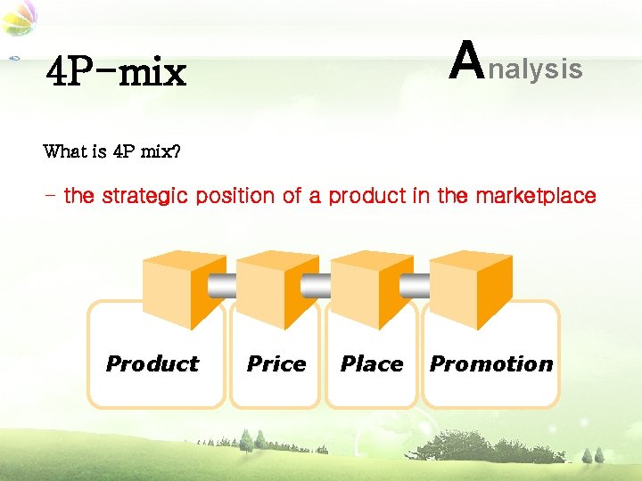 Analysis 4 P-mix What is 4 P mix? - the strategic position of a