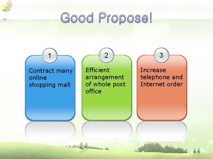 Good Propose! 1 2 3 Contract many online shopping mall Efficient arrangement of whole