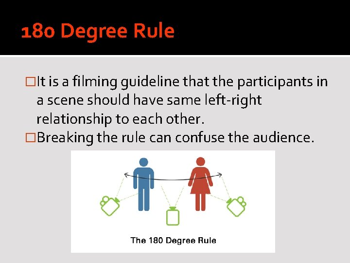 180 Degree Rule �It is a filming guideline that the participants in a scene