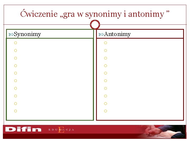 Ćwiczenie „gra w synonimy i antonimy ” Synonimy Antonimy 