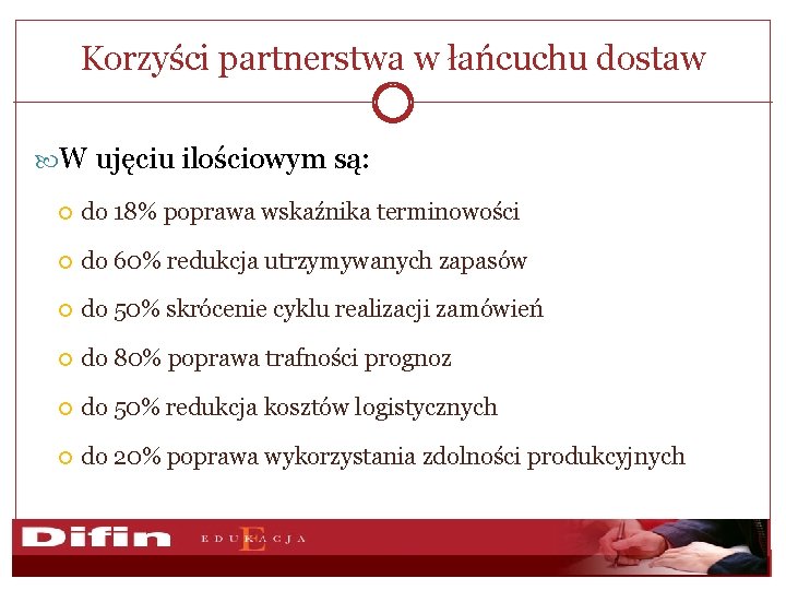 Korzyści partnerstwa w łańcuchu dostaw W ujęciu ilościowym są: do 18% poprawa wskaźnika terminowości