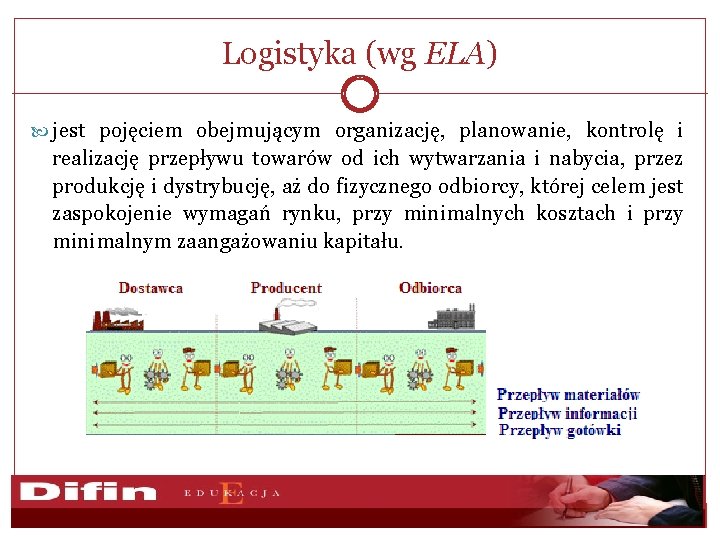 Logistyka (wg ELA) jest pojęciem obejmującym organizację, planowanie, kontrolę i realizację przepływu towarów od