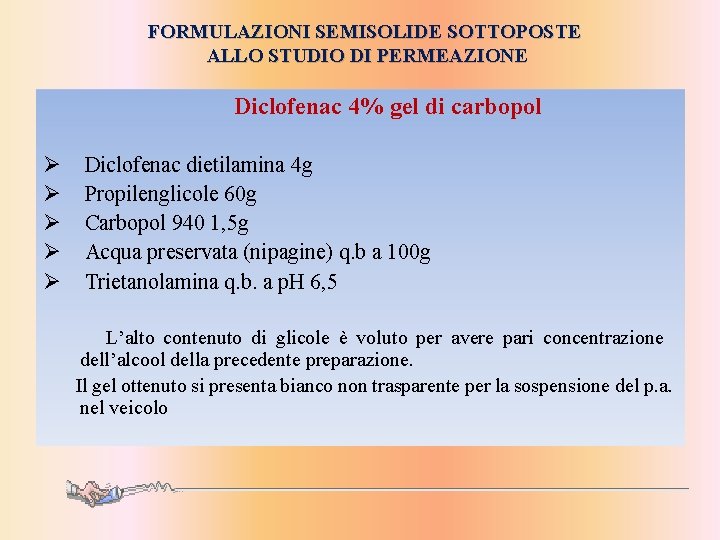 FORMULAZIONI SEMISOLIDE SOTTOPOSTE ALLO STUDIO DI PERMEAZIONE Diclofenac 4% gel di carbopol Ø Ø