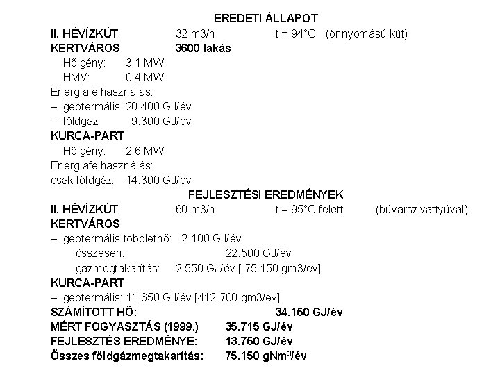 EREDETI ÁLLAPOT 32 m 3/h t = 94°C (önnyomású kút) 3600 lakás II. HÉVÍZKÚT: