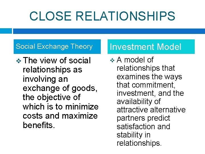 CLOSE RELATIONSHIPS Social Exchange Theory Investment Model v The v view of social relationships