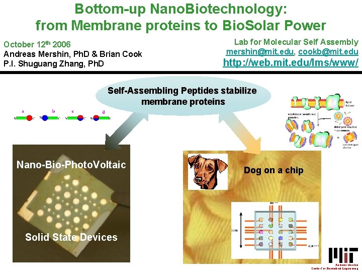 Bottom-up Nano. Biotechnology: from Membrane proteins to Bio. Solar Power October 12 th 2006