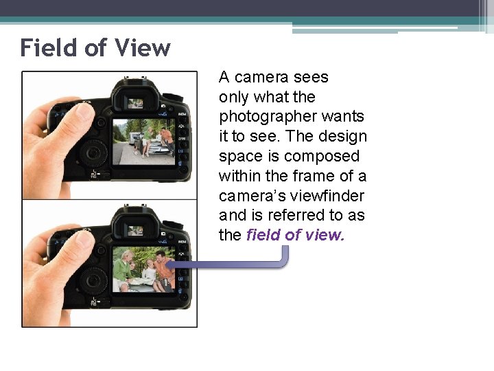 Field of View A camera sees only what the photographer wants it to see.