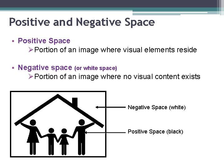 Positive and Negative Space • Positive Space ØPortion of an image where visual elements