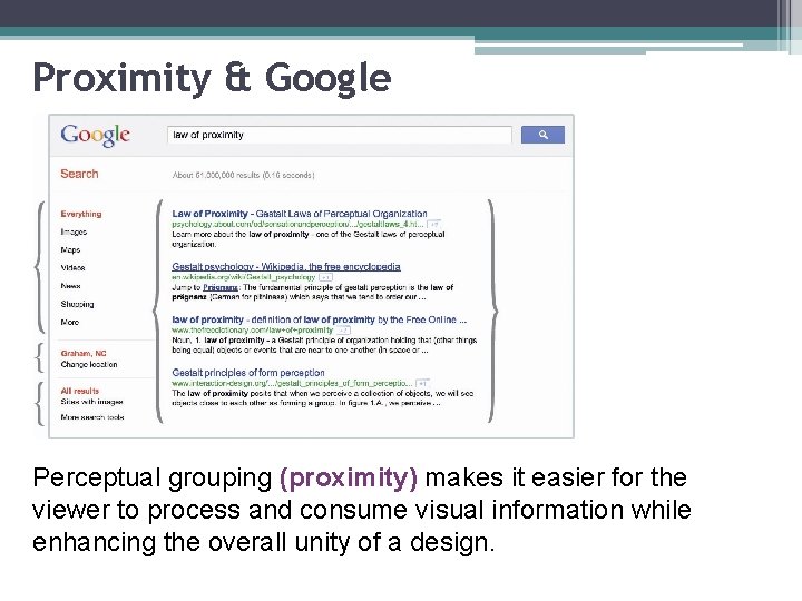 Proximity & Google Perceptual grouping (proximity) makes it easier for the viewer to process