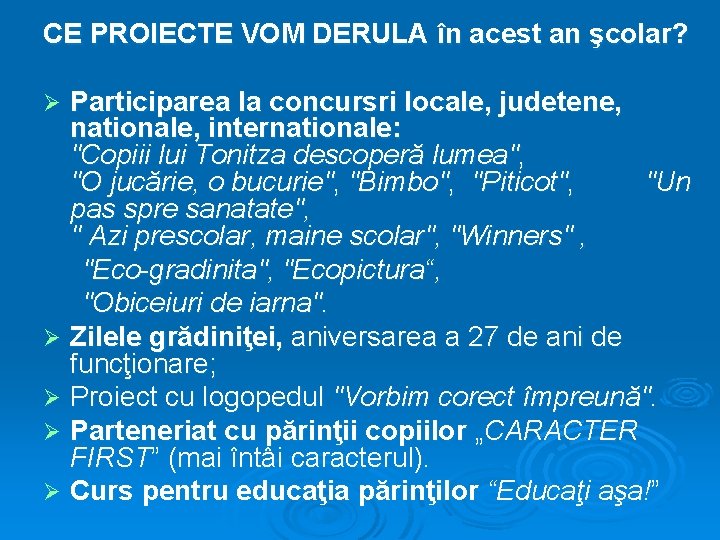 CE PROIECTE VOM DERULA în acest an şcolar? Participarea la concursri locale, judetene, nationale,