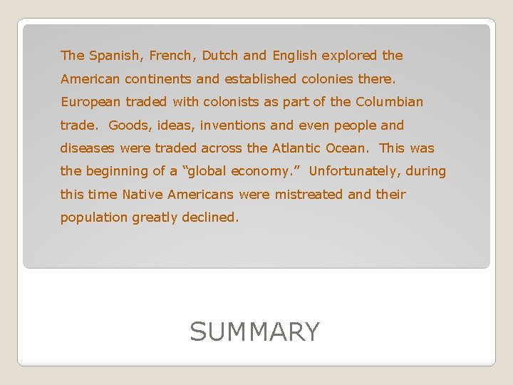 The Spanish, French, Dutch and English explored the American continents and established colonies there.