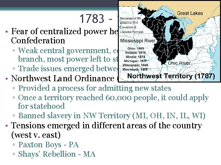 1783 – 1800 • Fear of centralized power helped create the Articles of Confederation