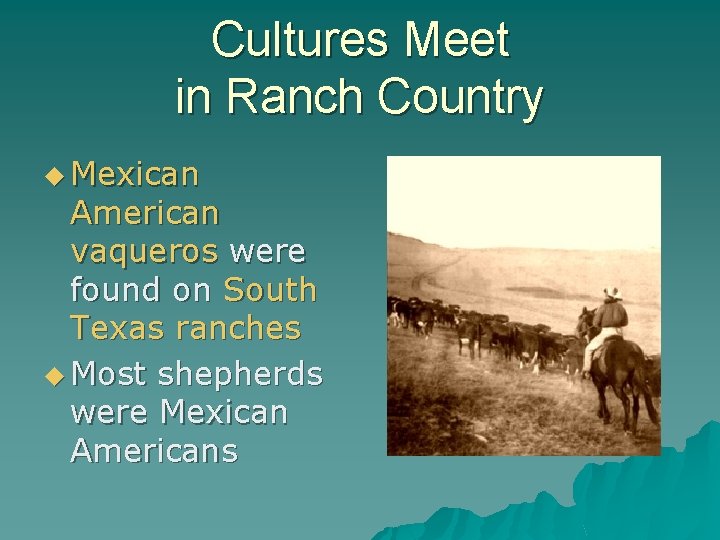 Cultures Meet in Ranch Country u Mexican American vaqueros were found on South Texas