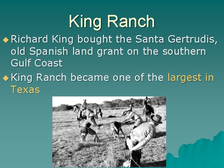 King Ranch u Richard King bought the Santa Gertrudis, old Spanish land grant on