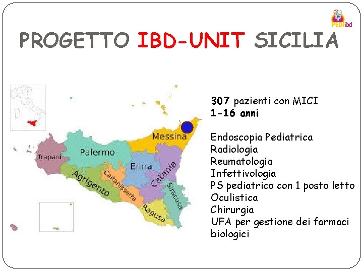 PROGETTO IBD-UNIT SICILIA 307 pazienti con MICI 1 -16 anni Endoscopia Pediatrica Radiologia Reumatologia