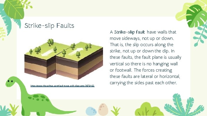 Strike-slip Faults https: //www. thoughtco. com/fault-types-with-diagrams-3879102 A Strike-slip fault have walls that move sideways,
