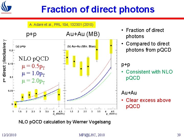 Fraction of direct photons A. Adare et al. , PRL 104, 132301 (2010) p+p