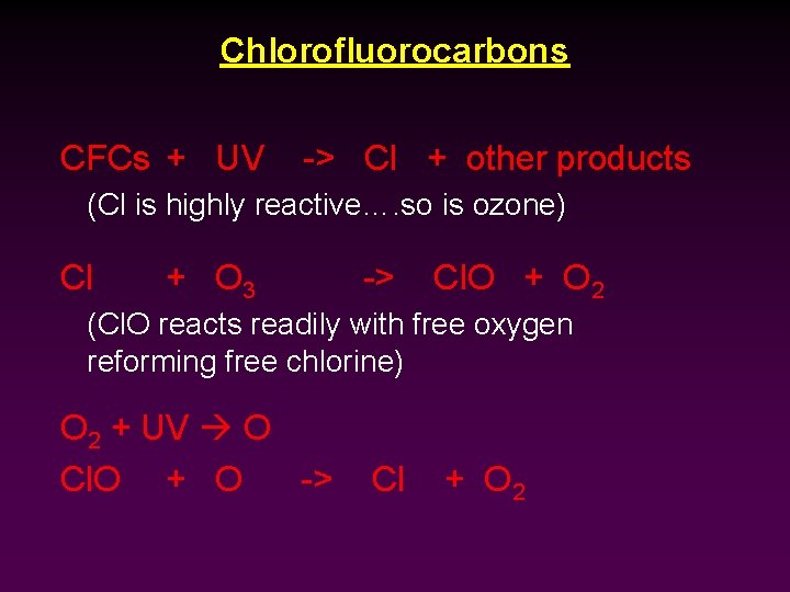 Chlorofluorocarbons CFCs + UV -> Cl + other products (Cl is highly reactive…. so