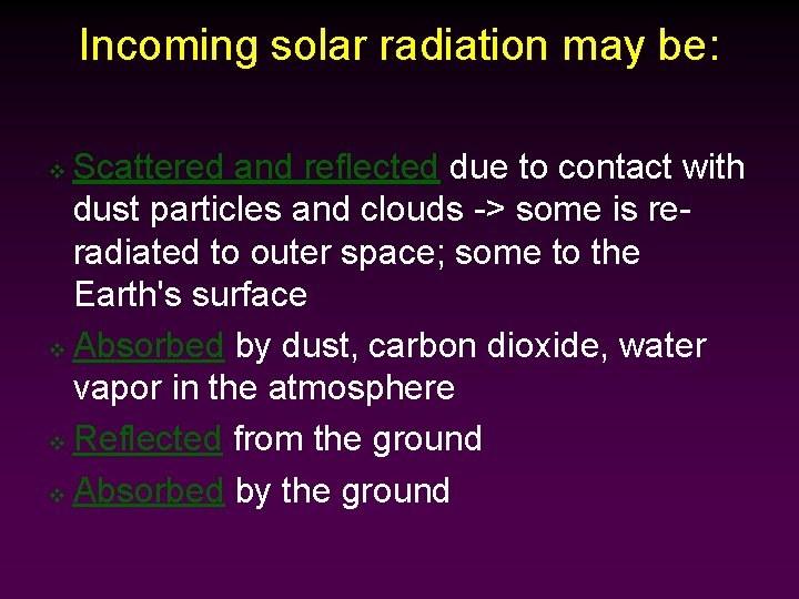 Incoming solar radiation may be: Scattered and reflected due to contact with dust particles