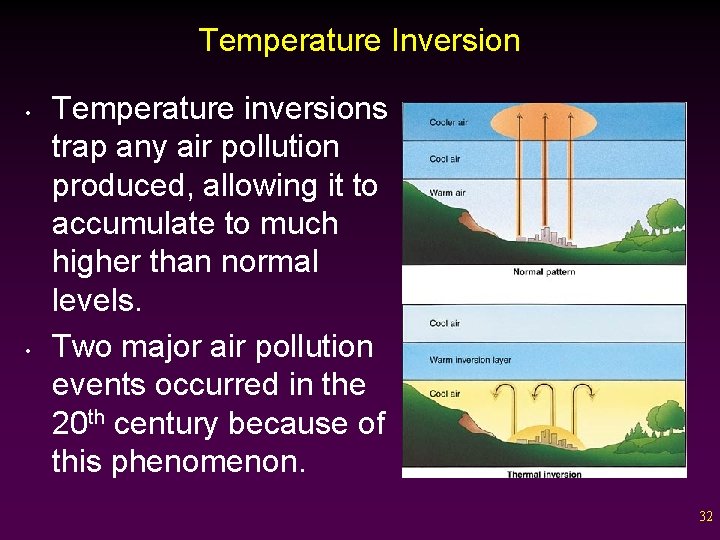 Temperature Inversion • • Temperature inversions trap any air pollution produced, allowing it to