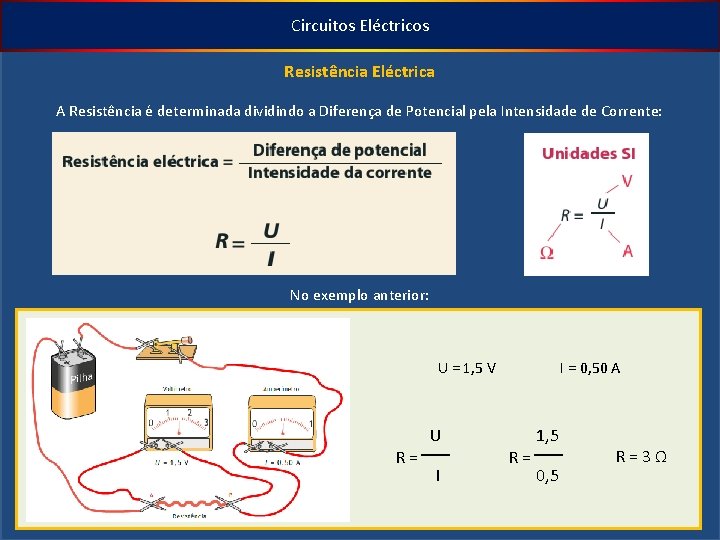 Circuitos Eléctricos Resistência Eléctrica A Resistência é determinada dividindo a Diferença de Potencial pela